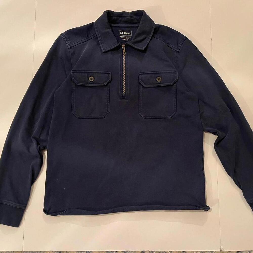 Navy blue L. L. Bean Vintage style Quarter Zip with double pocketed breasts